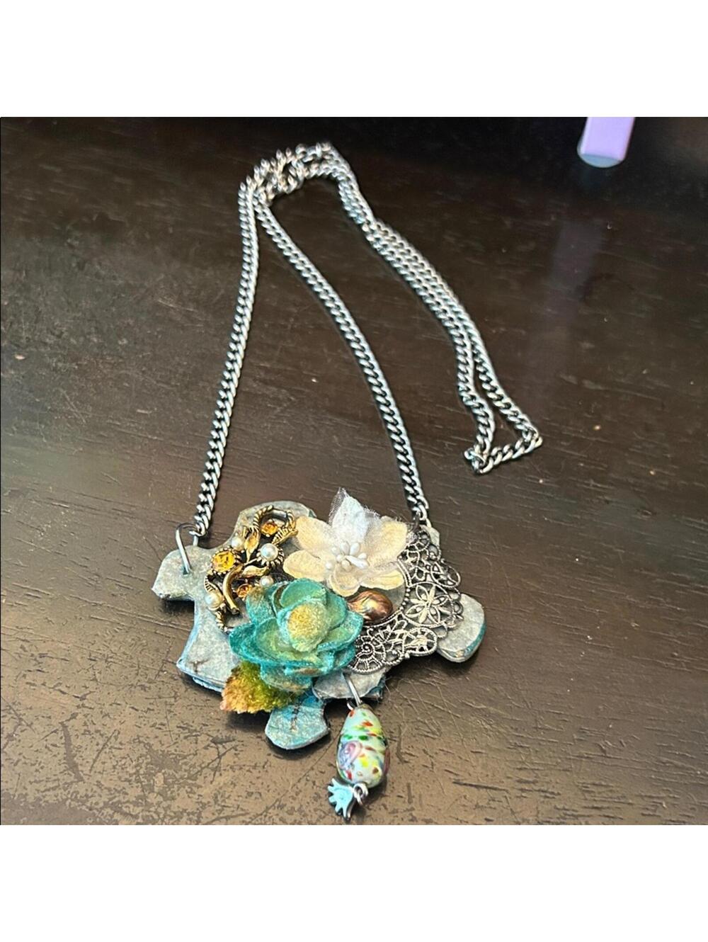 Floral Handmade Pendant Necklace with Silver Chain